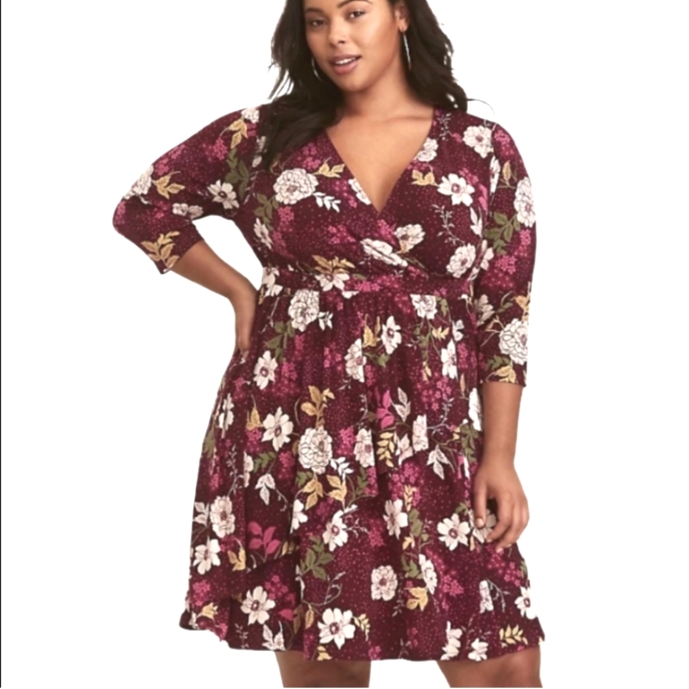 Torrid Burgundy Floral 3/4 Sleeve Dress Sz 2X